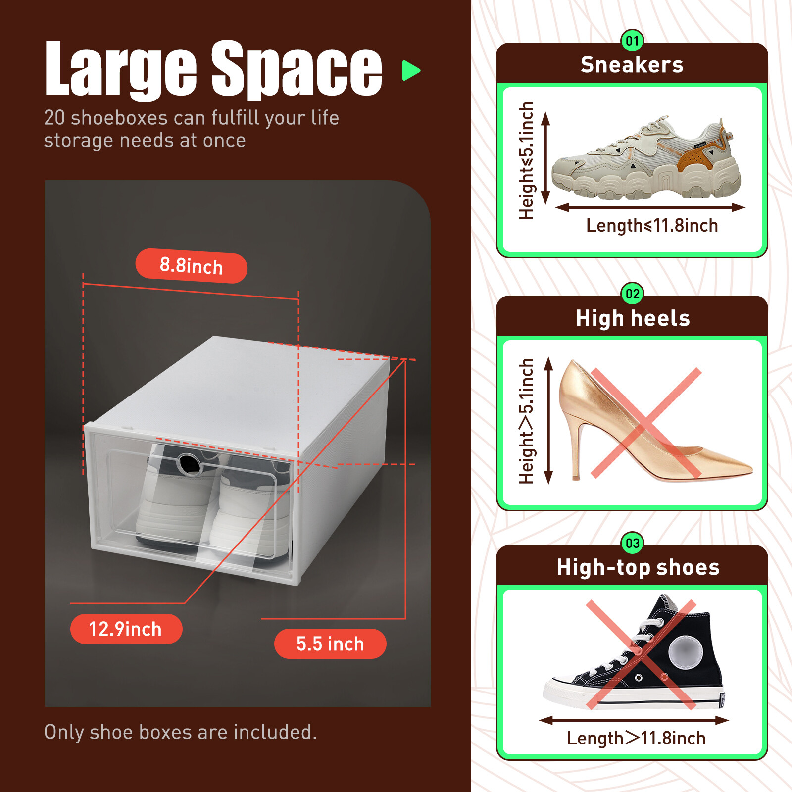 20pc Large Plastic Shoe Storage Boxes Drawer Stackable Foldable Organiser Clear