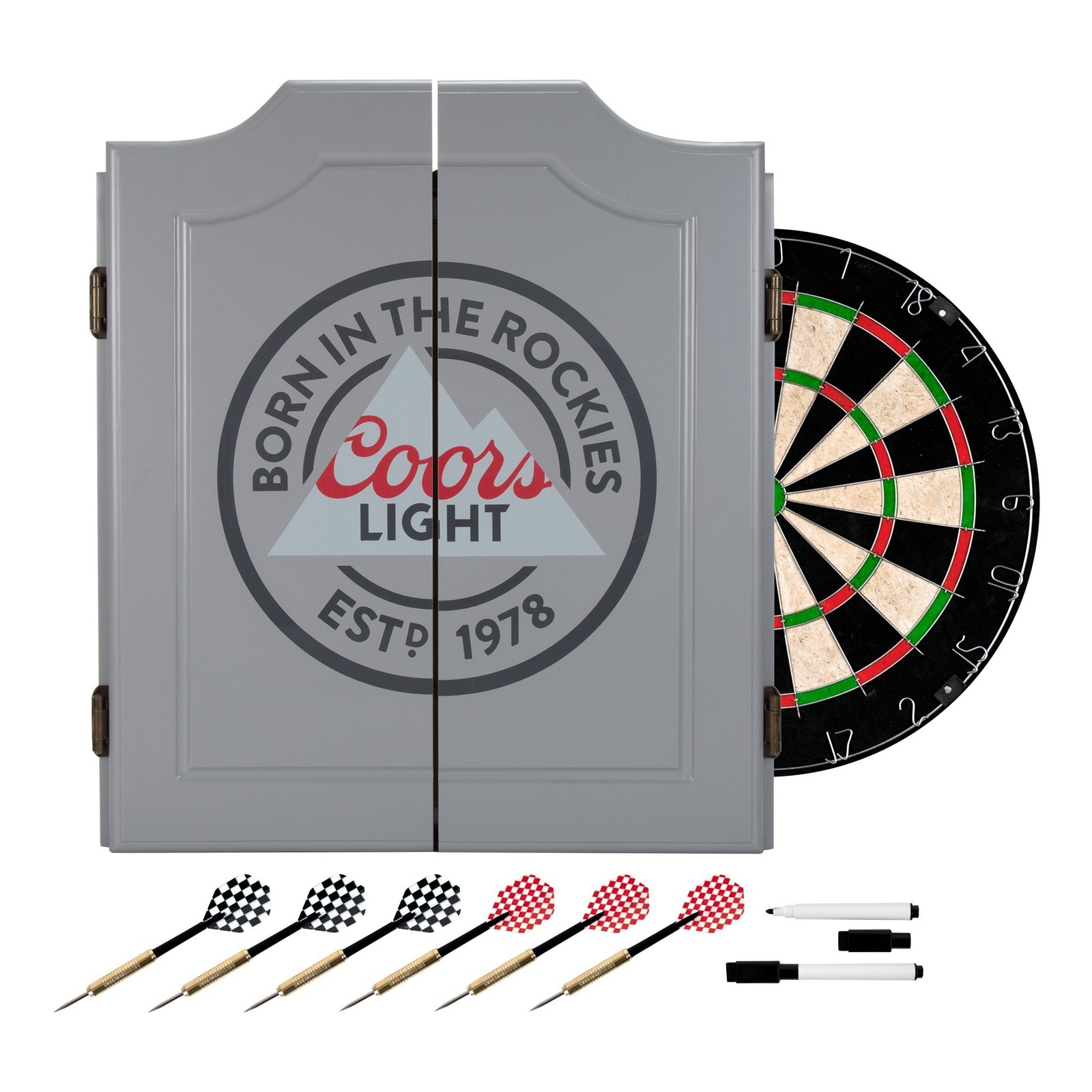 Dart Board Cabinet Set - Coors Light Logo Dart Board with 6 Steel Tip Darts, ...