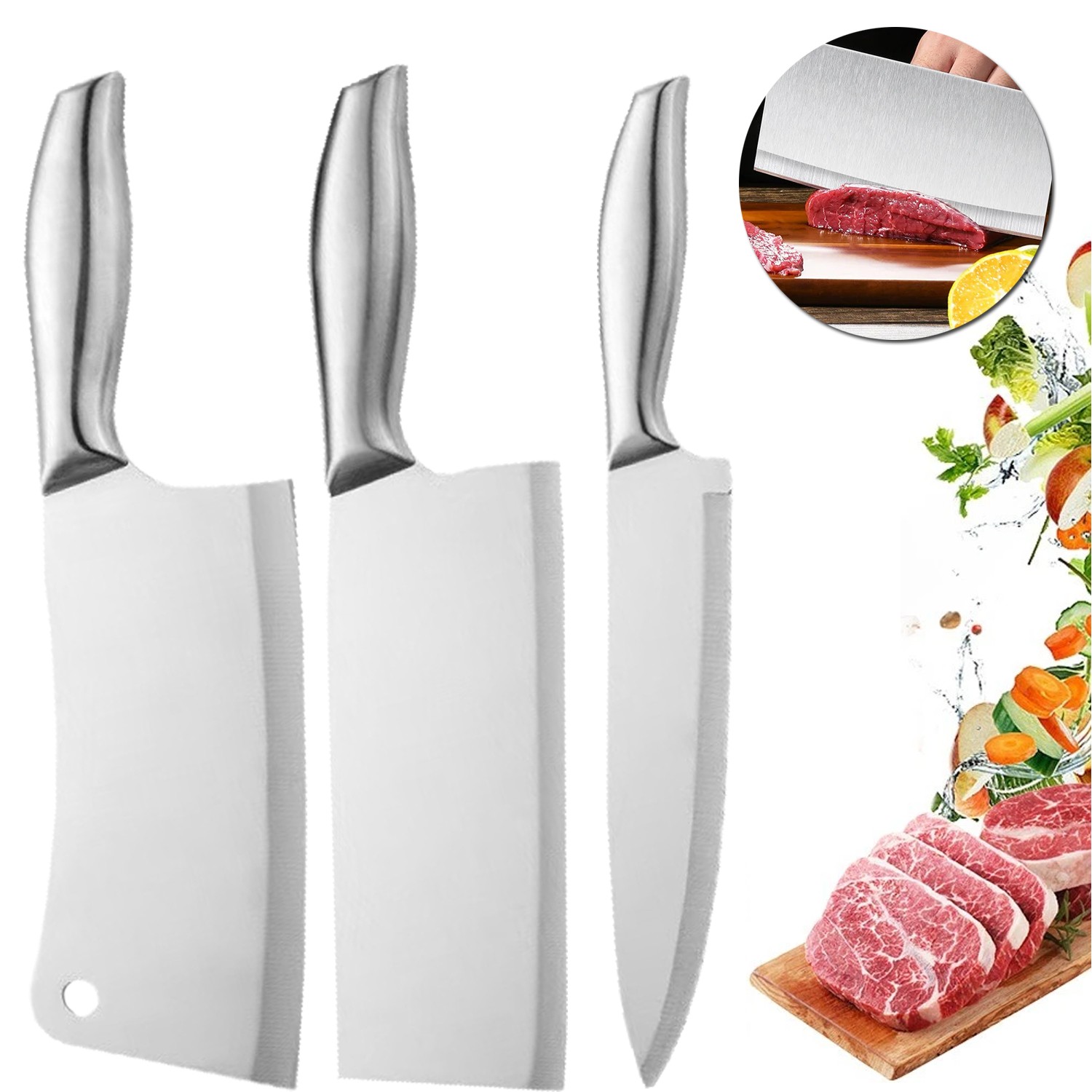 3x Stainless Steel Meat Cleaver Knife Heavy Duty Kitchen Butcher Knife Non-slip