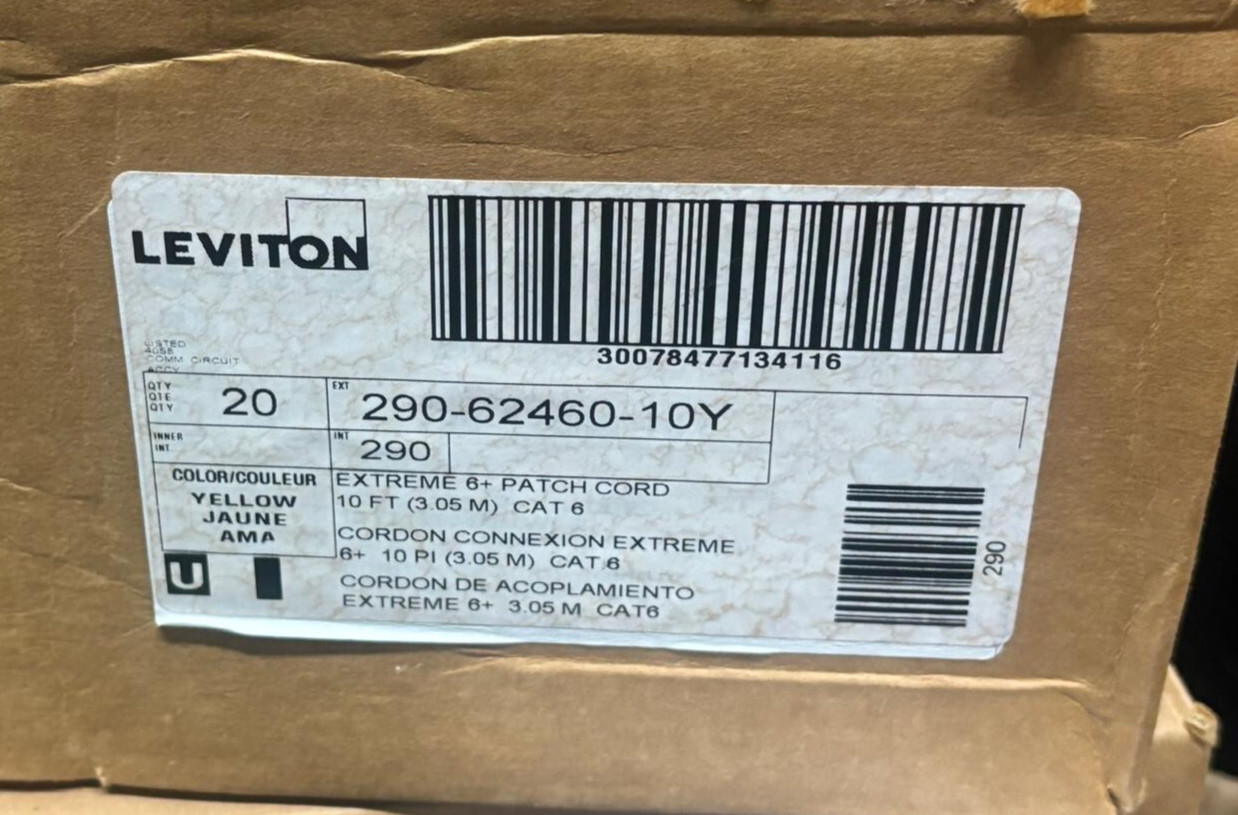 Lot of 20 Leviton 62460-10Y Yellow Extreme 6+ Patch Cord, 10ft, Cat 6