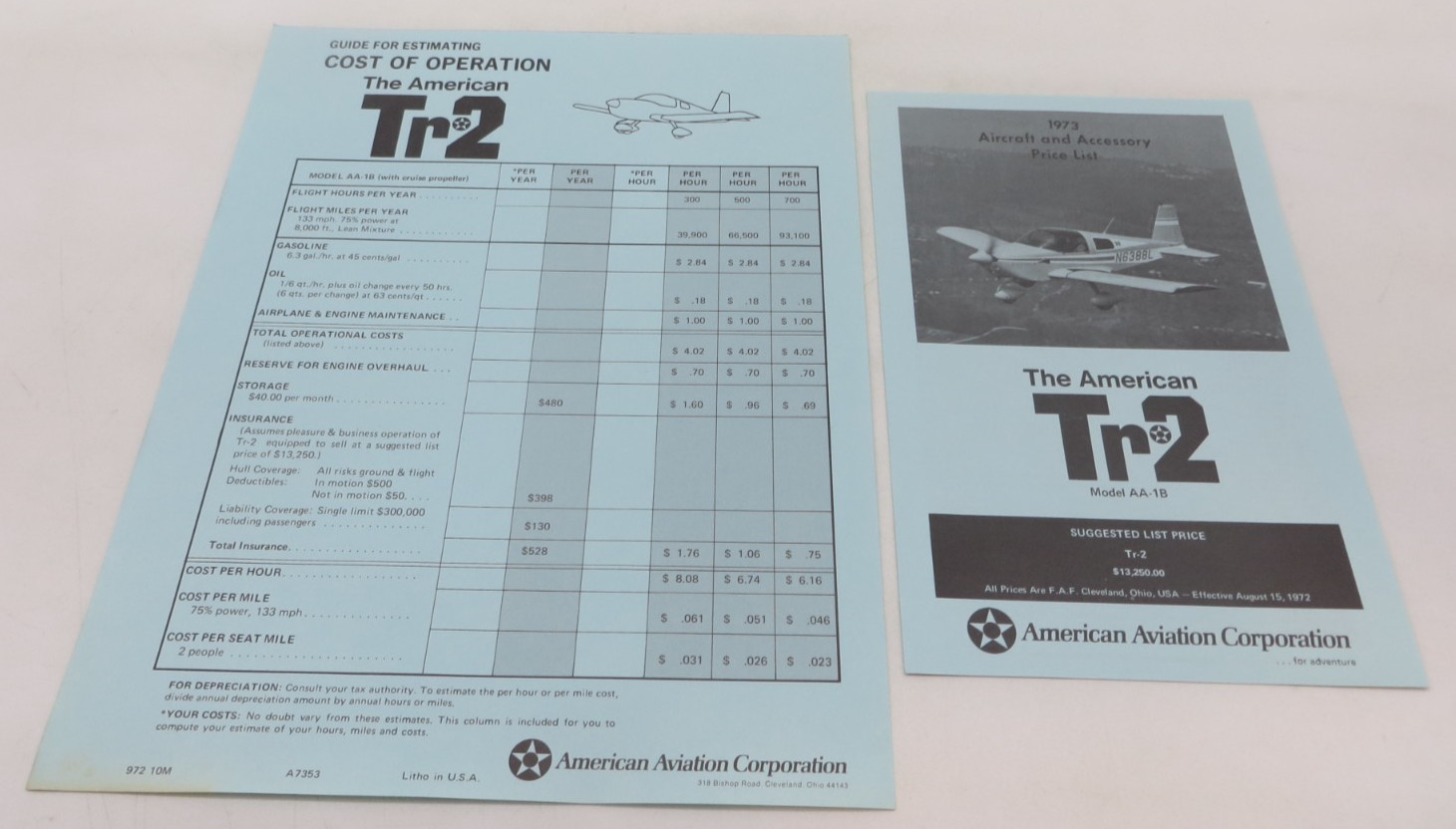 1973 AMERICAN AVIATION CORPORATION The American Tr-2 Vintage Airplane Brochure