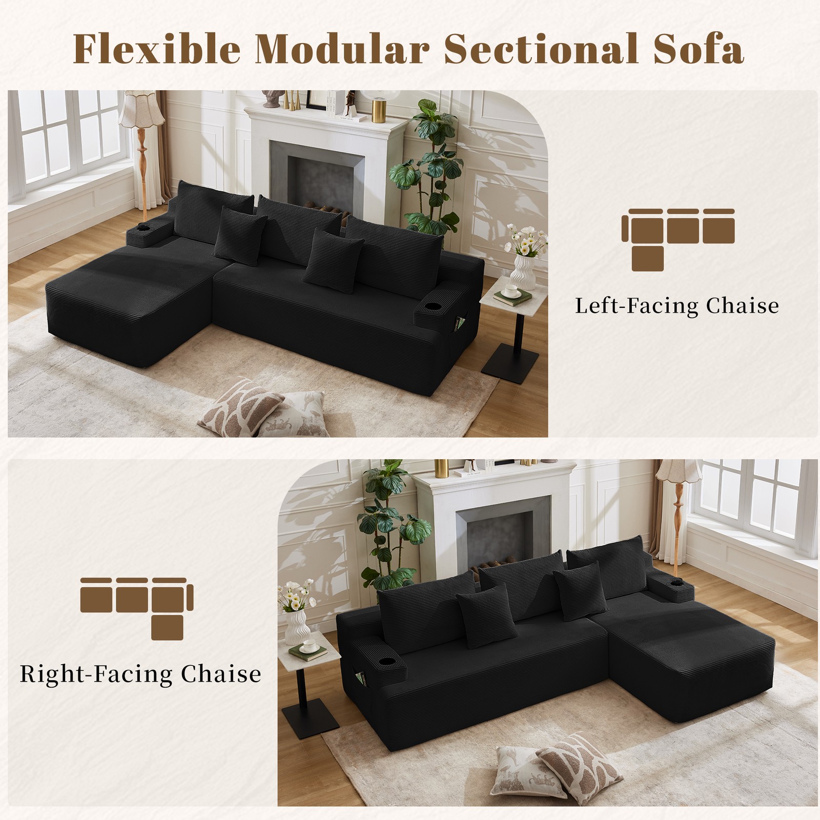 107" Sectional Sofa for Living Room,Black Velvet Couch,L-Shaped Sofa with Chaise