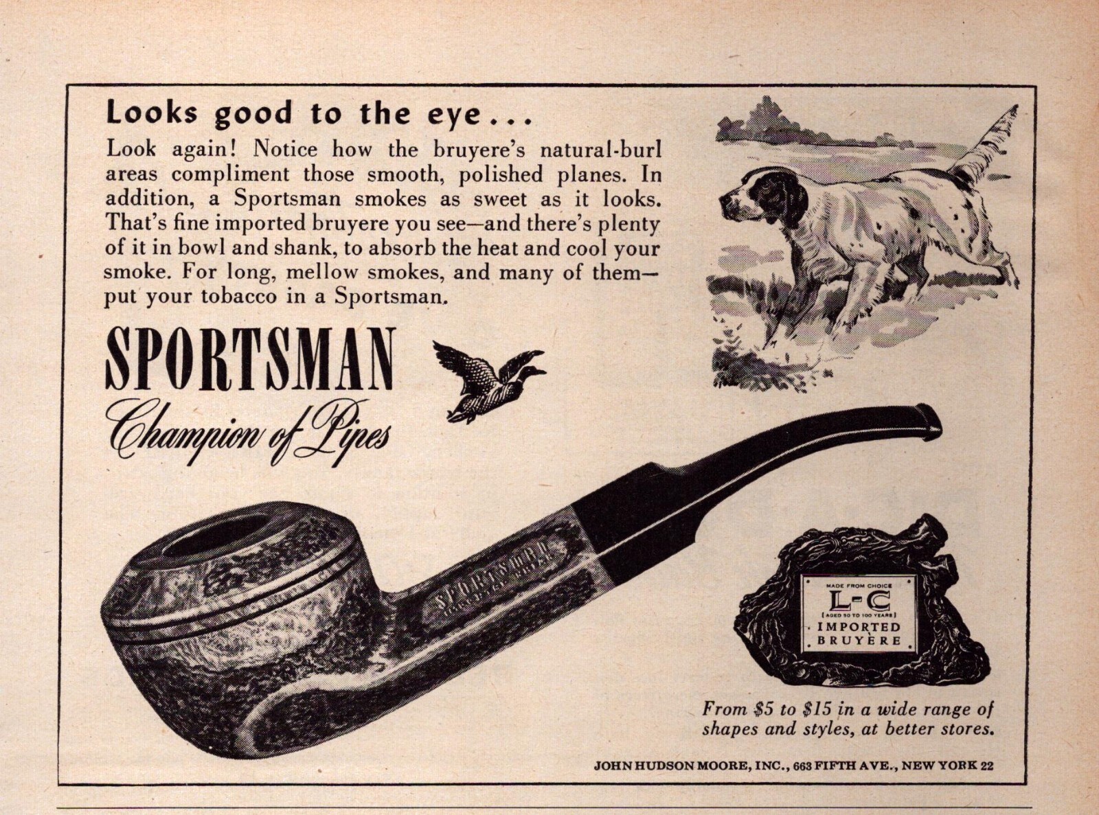 1946 Sportsman Pipe Print Ad Champion of Pipes Dog Duck Hunting New York NY