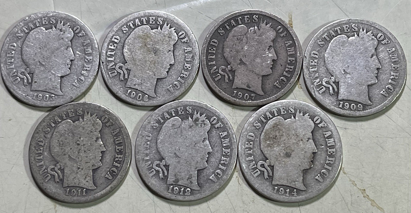10C Barber Dimes ~Lot Of 7~ 1903,1906,1907,1909,1911,1912,1914  90%Silver #1948