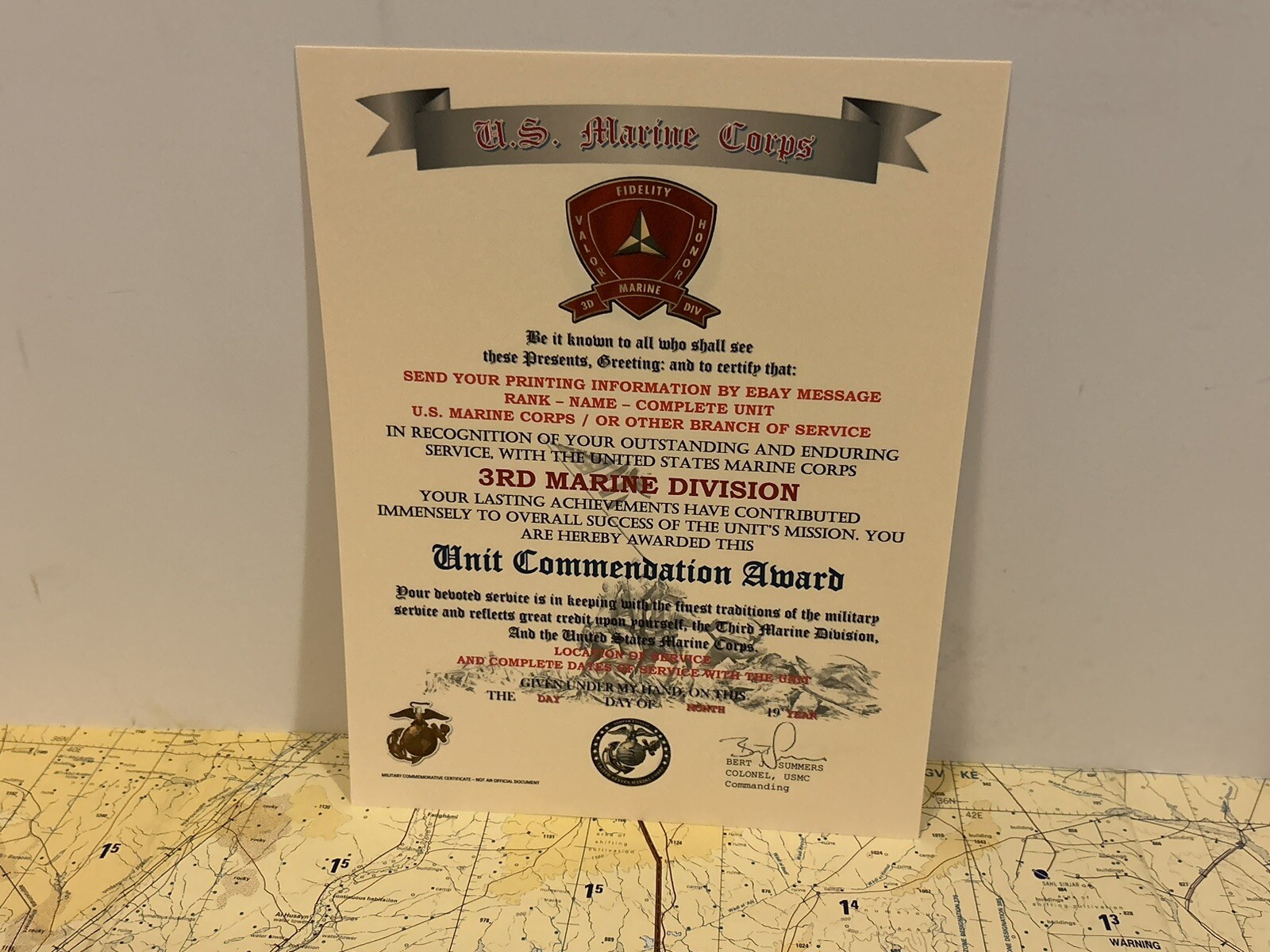 U.S.M.C. / 3RD MARINE DIVISION ~ UNIT COMMENDATION AWARD / CERTIFICATE