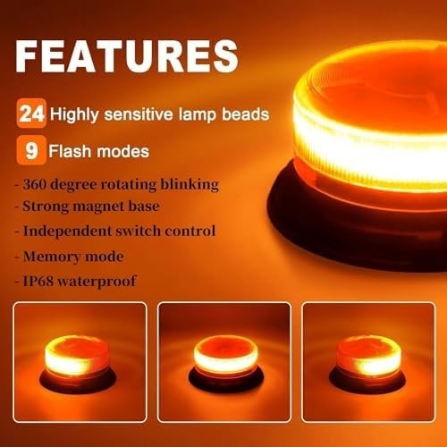 Rechargeable Amber LED Beacon Light Wireless with Remote Magnetic Emergency