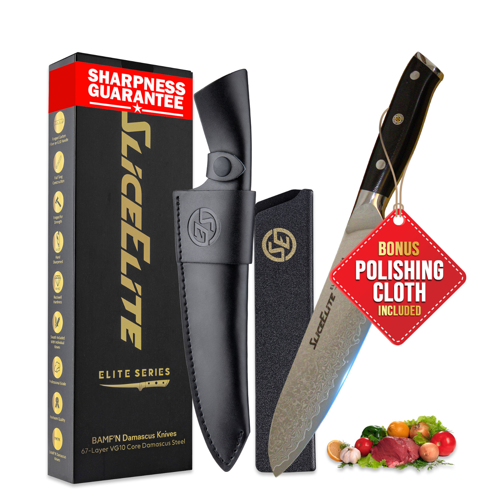SliceElite 7 Inch Santoku Knife VG10 Damascus Steel G10 Handle Sharp Kitchen