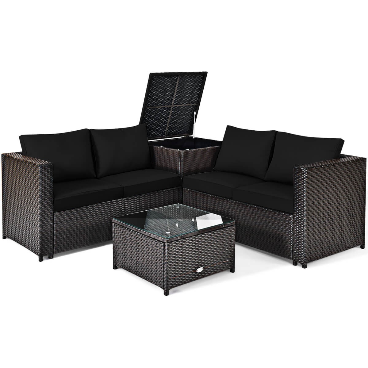 4PCS Outdoor Patio Rattan Furniture Set Cushioned Loveseat Storage Table Navy
