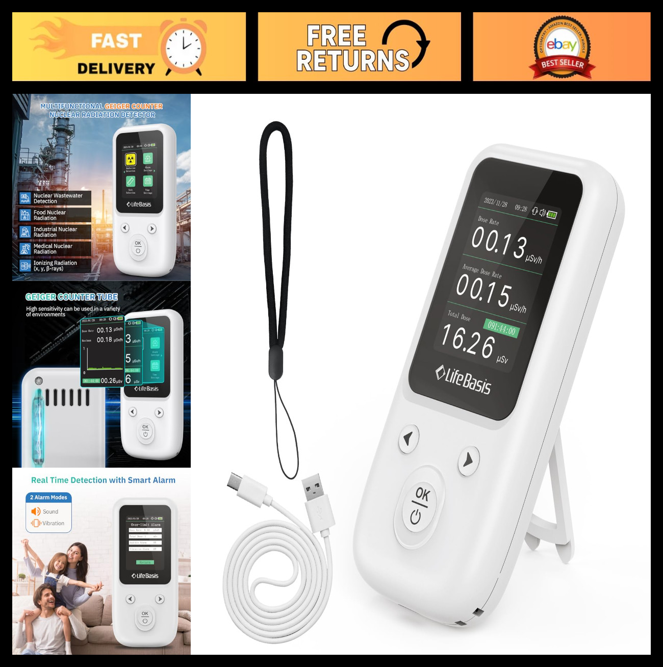 Nuclear Radiation Detector Geiger Counter with TFT Display, Smart Alert, Recharg