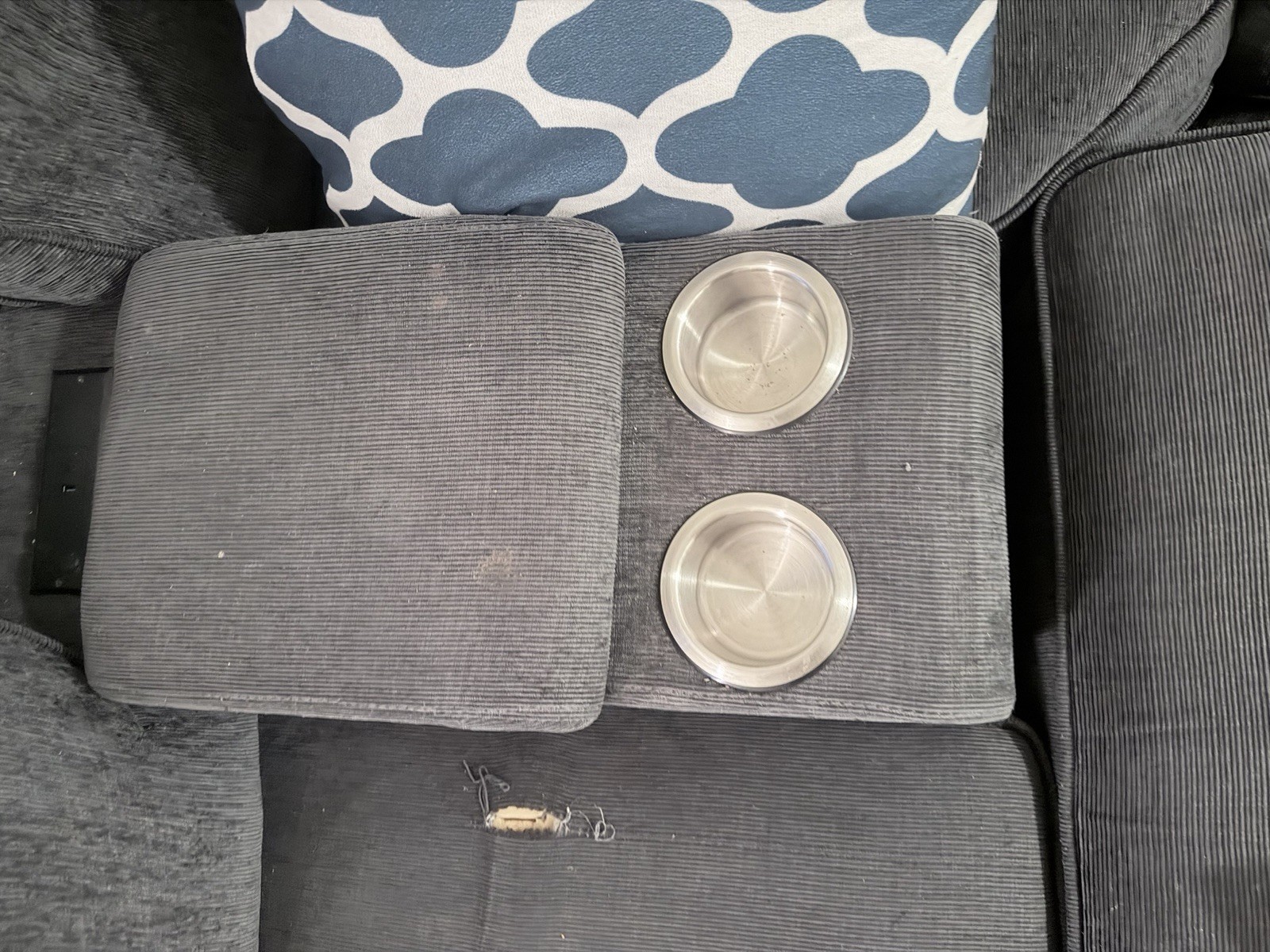 Gray Solid Sectional Sofa with Cup Holder Console, Nailhead Trim, Ottoman