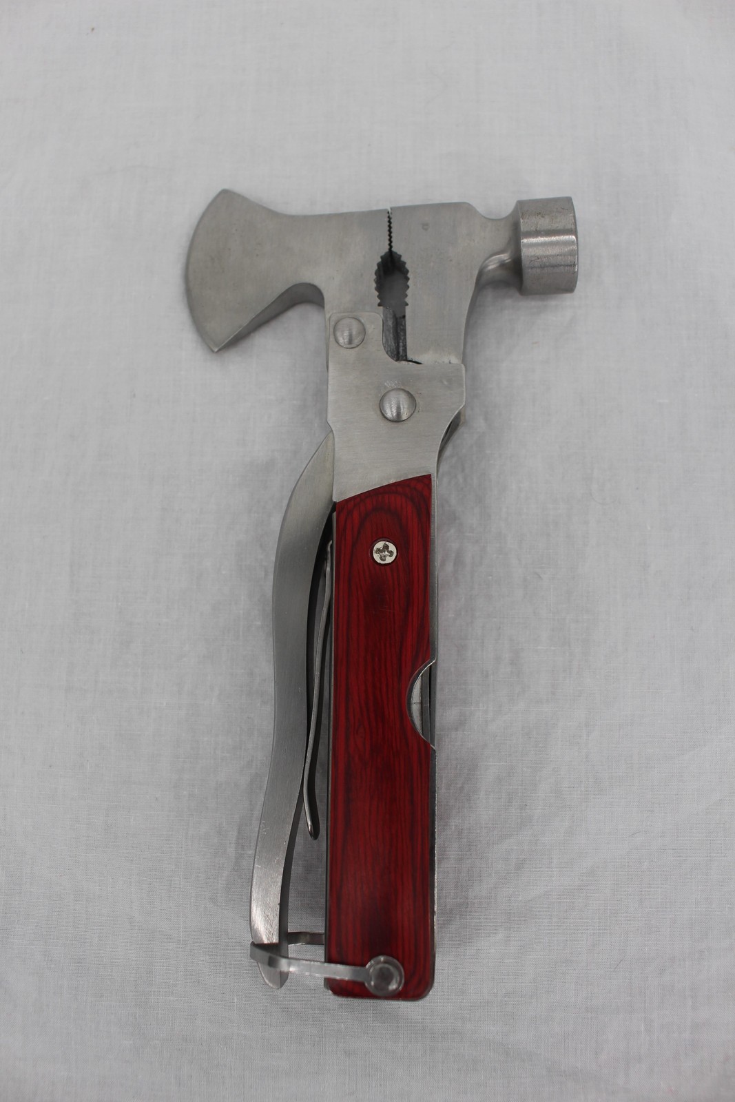 Hammer Axe Pliers Multi-Tool Red Wood Steel Handle Camping Tool W/ Sheath