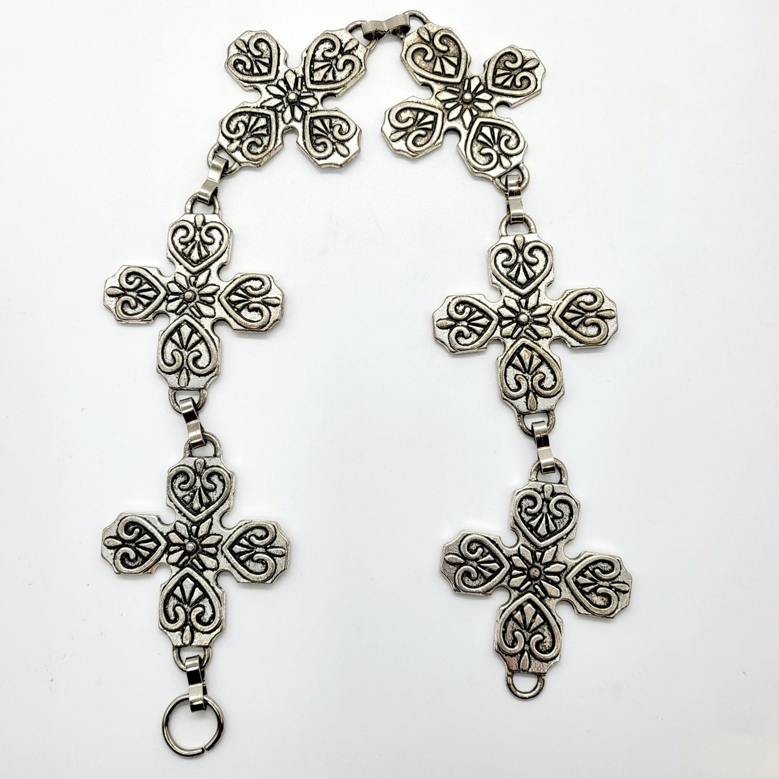 Silver Toned Heavyweight Cross Plate Engraved Medieval Chain-link Upcycle