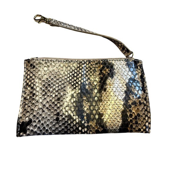 Liz Claiborne Snakeskin Print Wristlet Pouch Clutch Bag Gold Tone Hardware