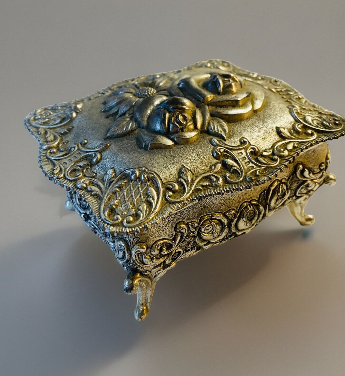 Art Noveaue Floral Jewelry Box Made In Japan Nickle Plated Footed