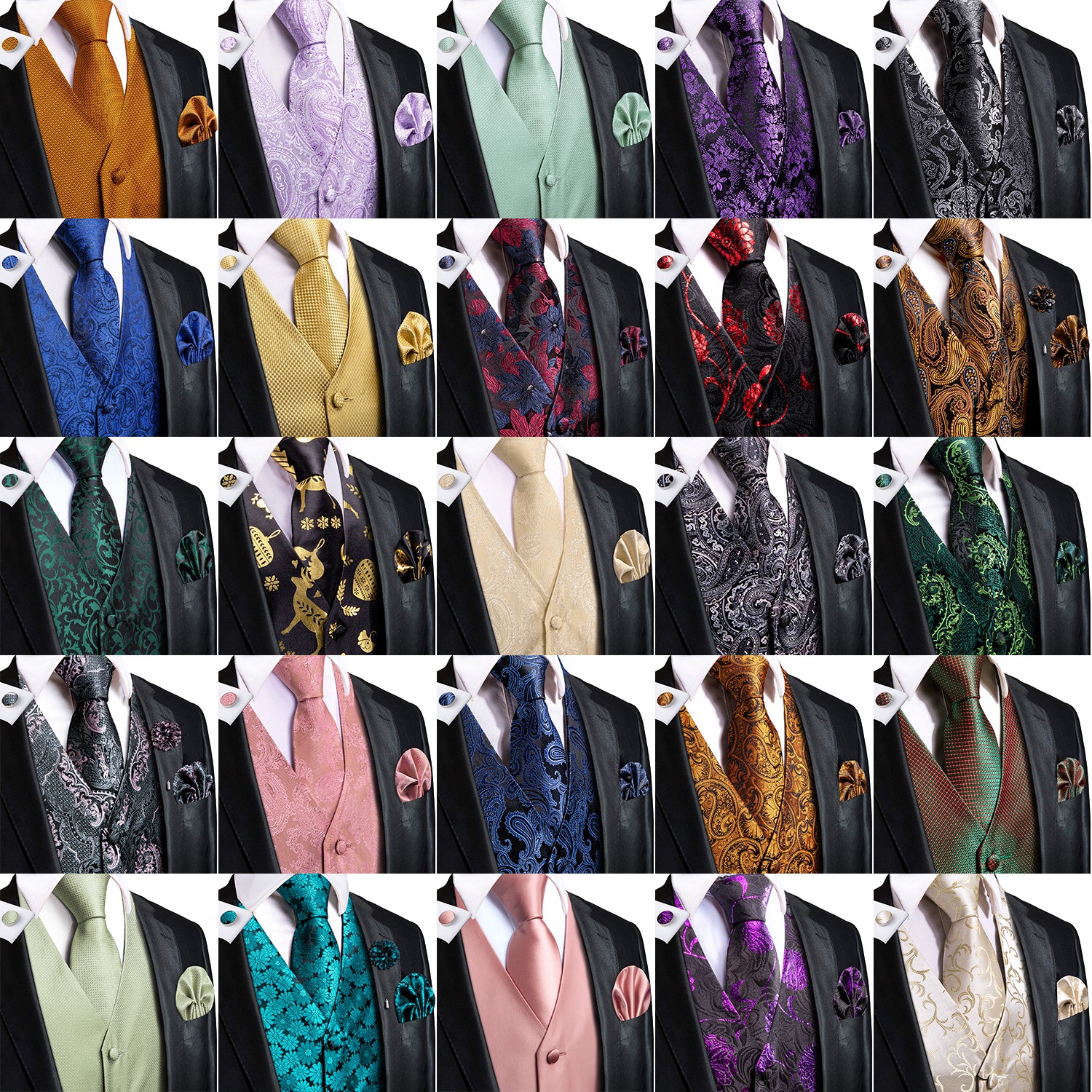 Fashion Mens Waistcoat Paisley Floral Solid Vest Tie Or Bowtie Set Hankie Cuffs