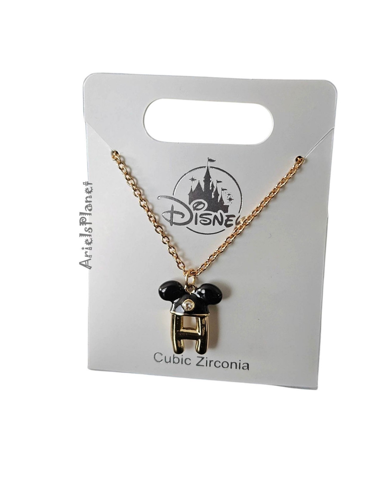 Disney Parks Mickey Mouse Ear Hat Rhinestone Letter H, Gold Tone Necklace