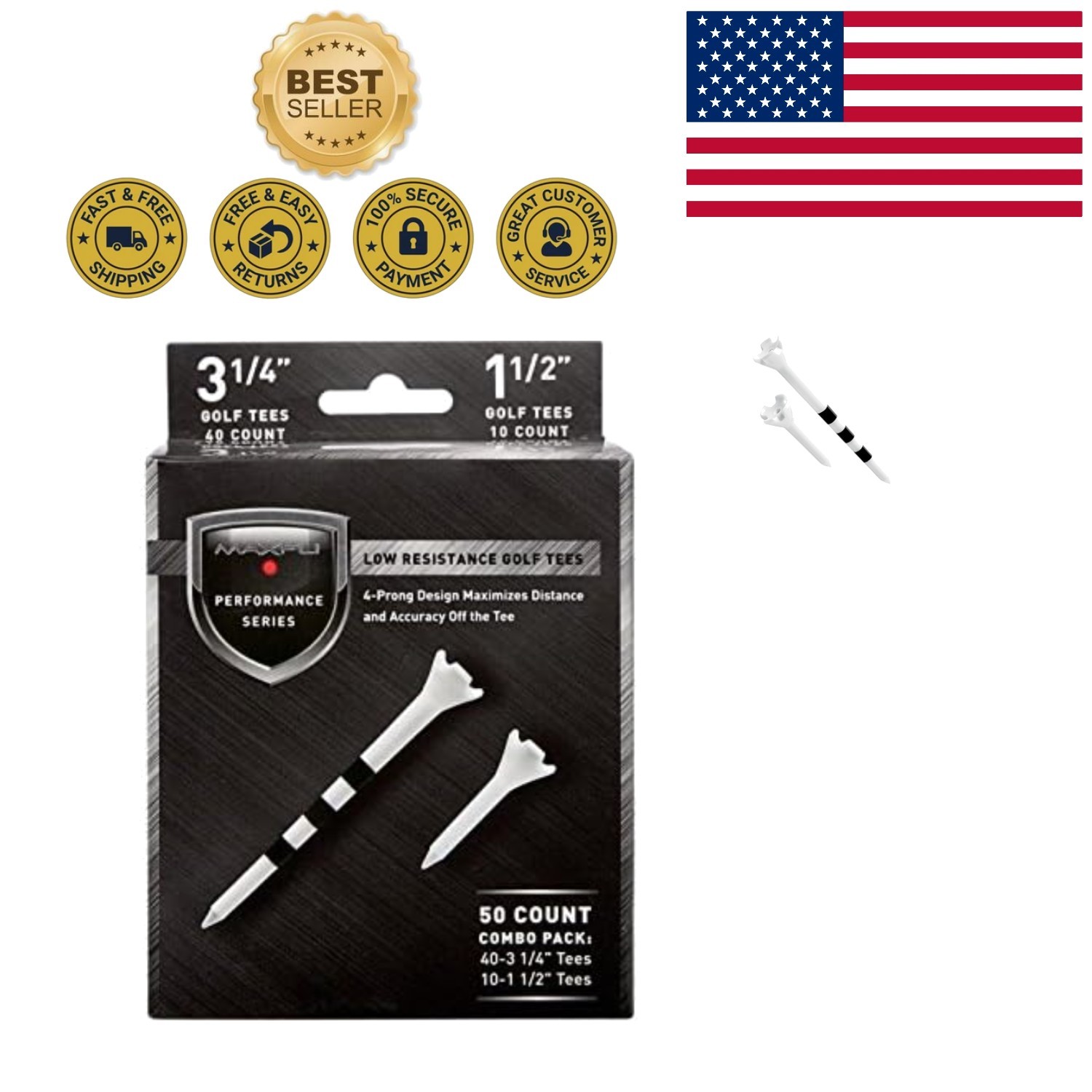 50 Pack of  3.25" & 1.5" Low Resistance Golf Tees for Enhanced Accuracy