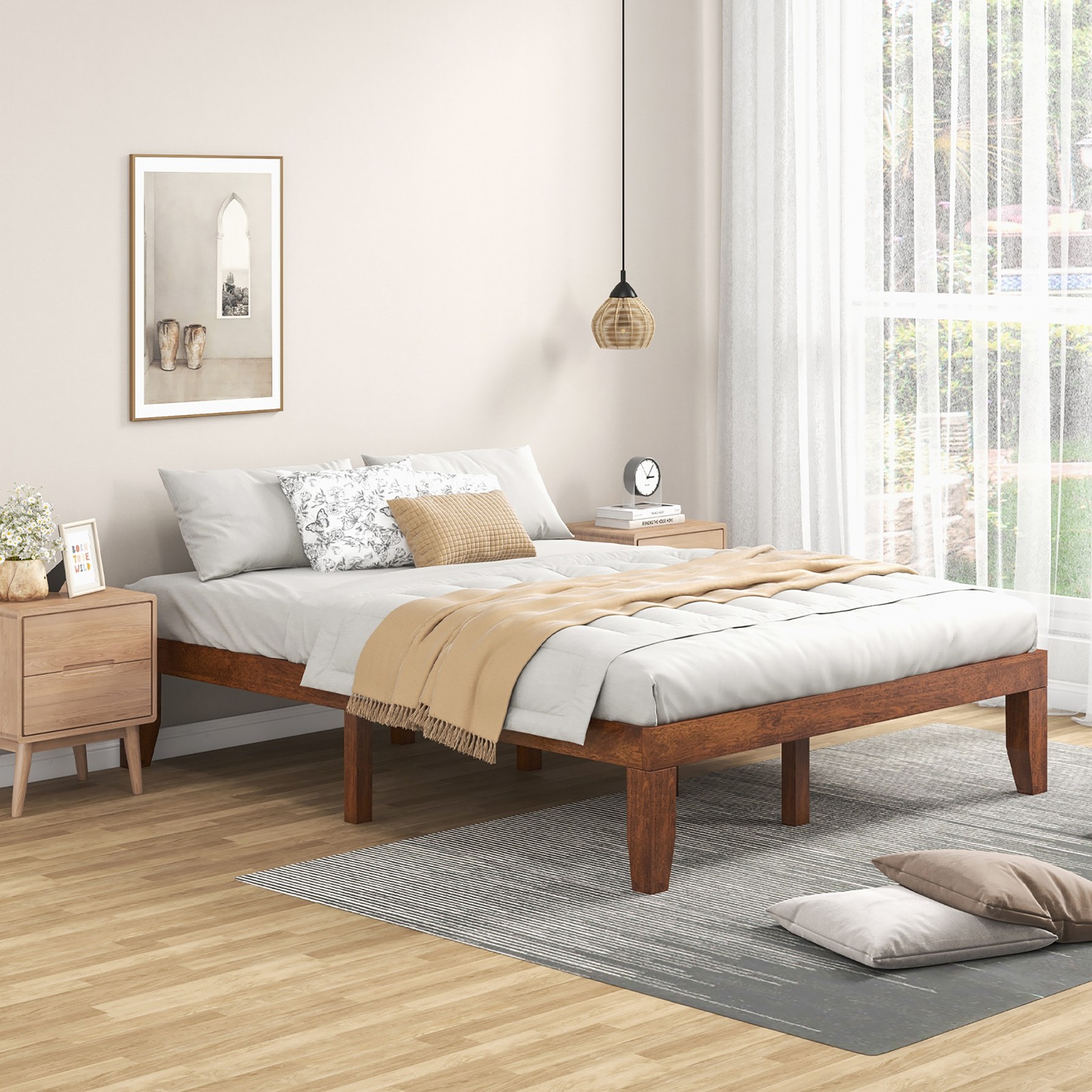 14" Full Size Wooden Platform Bed Frame w/ Strong Slat Support Brown Cherry