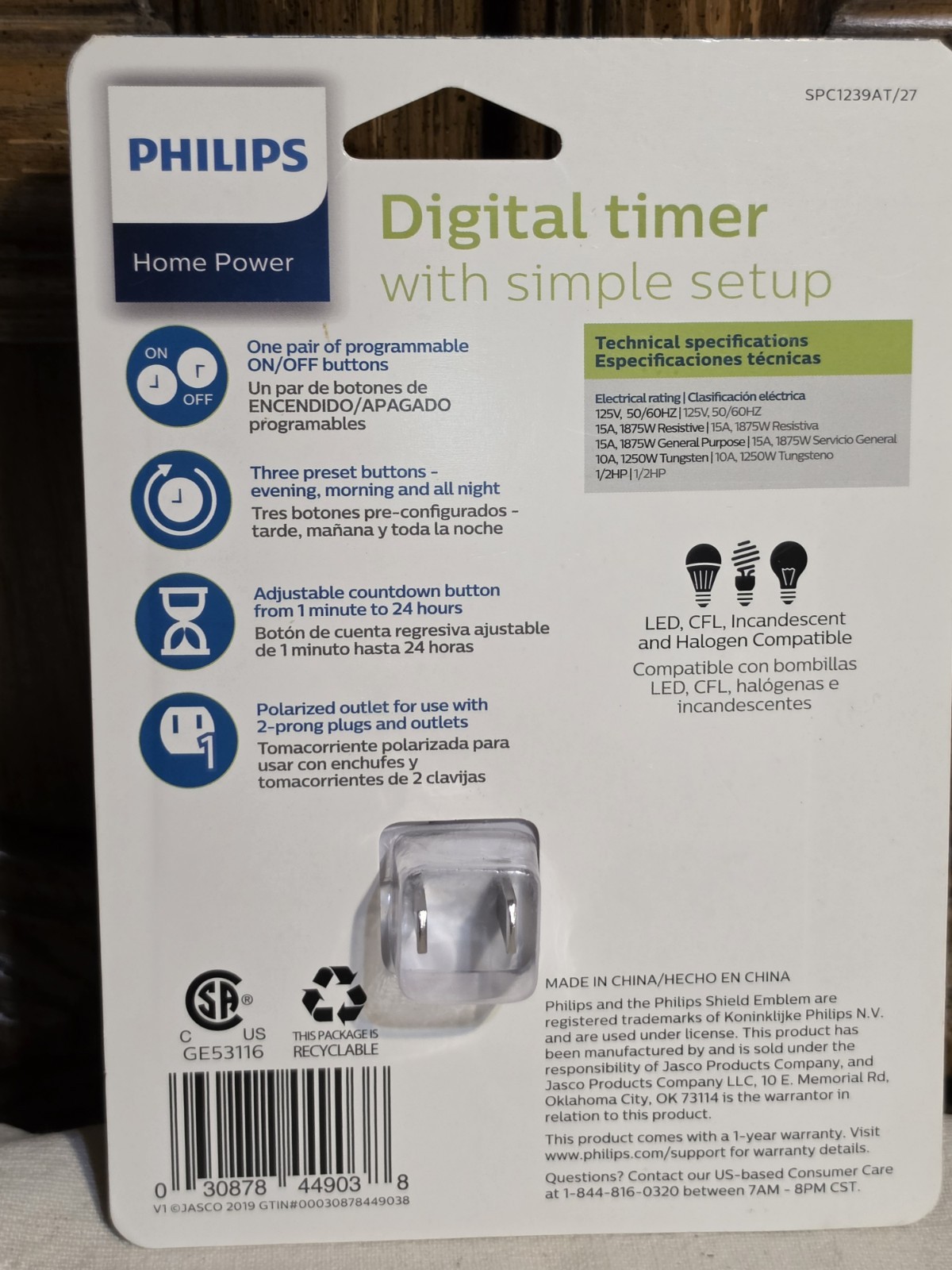 Philips SPC1239AT/27 Digital Timer Plug-In 1875W Programmable On/Off White