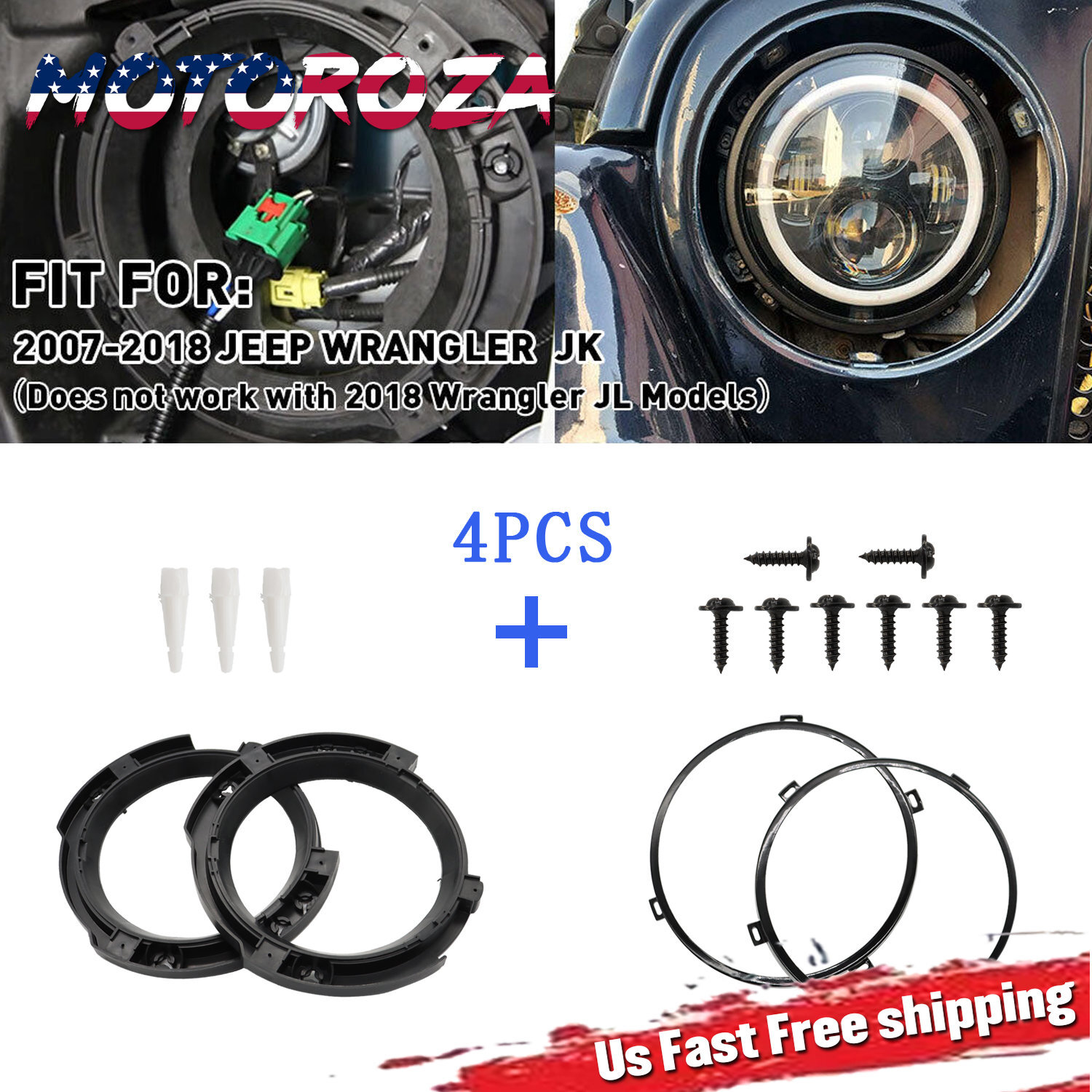 For 2007-2018 Jeep Wrangler JK 7" Headlight Mount Bracket Ring Bucket Base 4pcs
