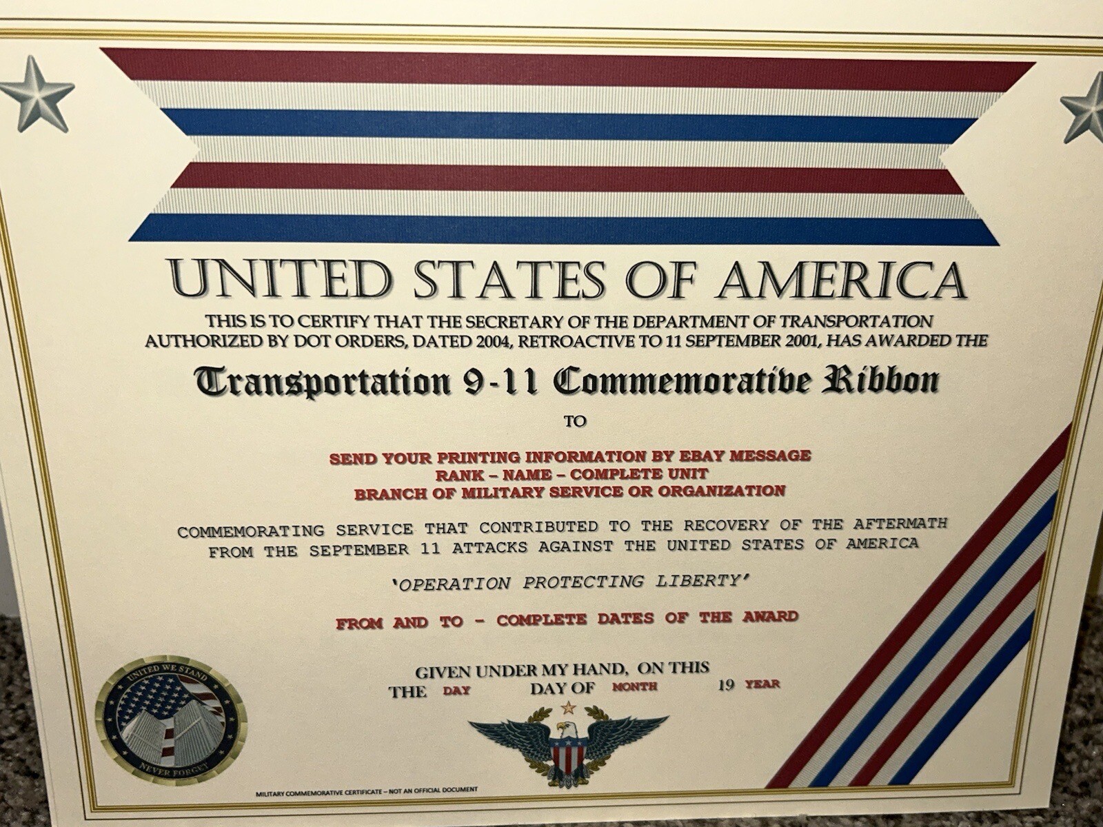 COAST GUARD / TRANSPORTATION 9-11 COMMEMORATIVE CERTIFICATE ~ W/PRINTING TYPE-1