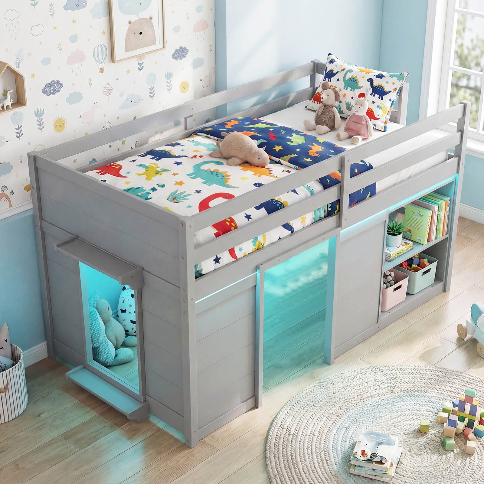 Twin Size Loft Bed w/LED Lights for Kids, 2 Doors, Underbed Space & Shelves