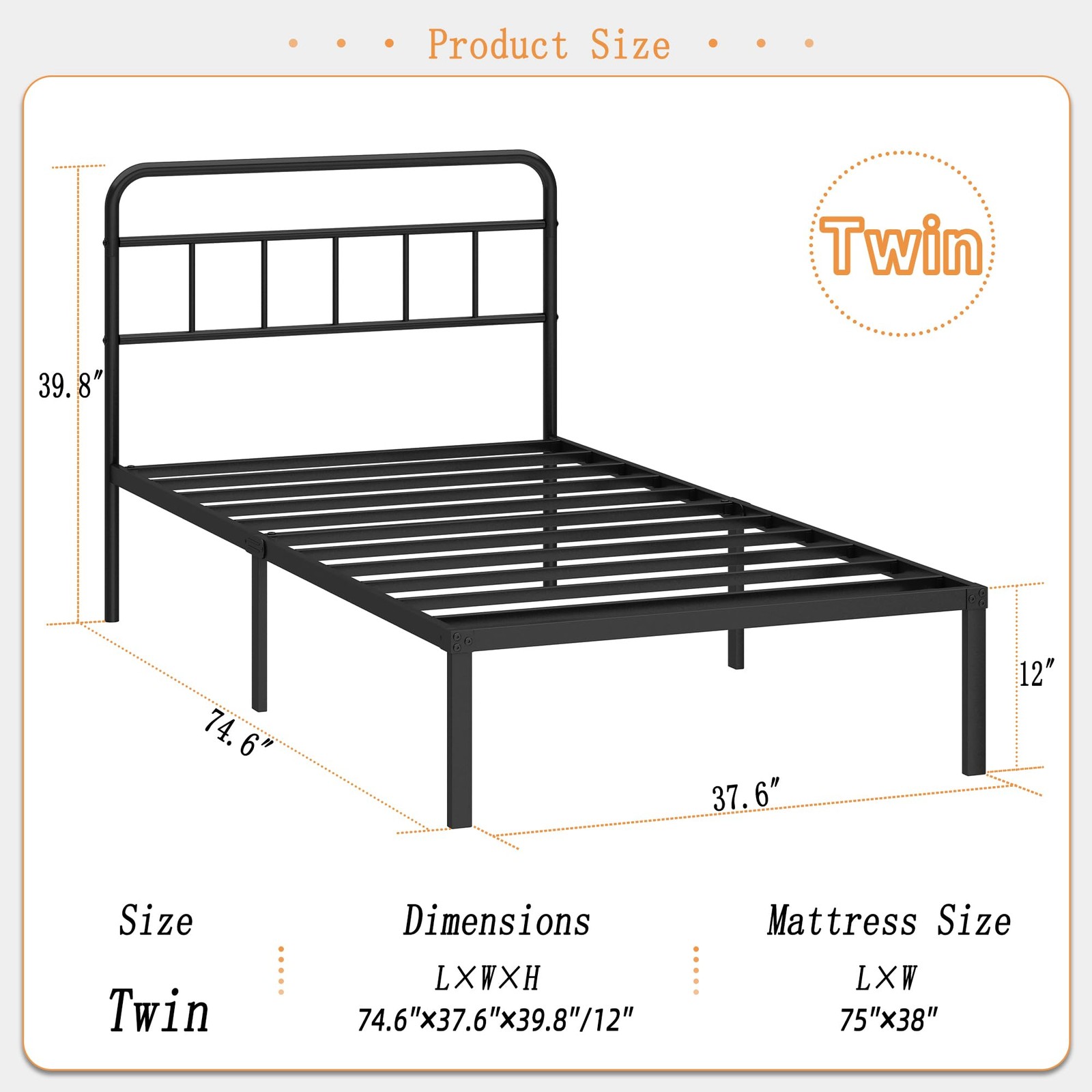 Twin Size Metal Bed Frame with Headboard, Platform Base, Black