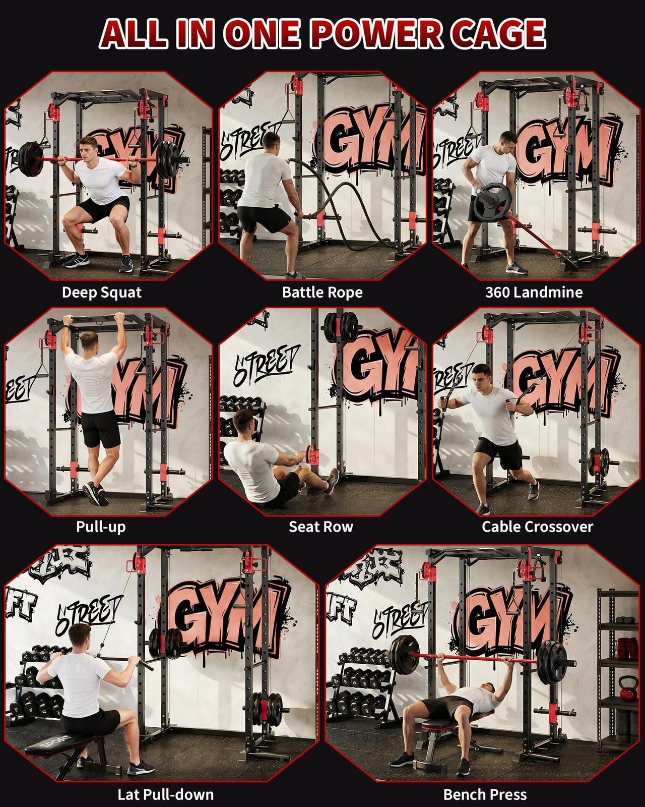 Power Cage Power Rack with LAT Pull Down & Cable Crossover Workout for Home Gym