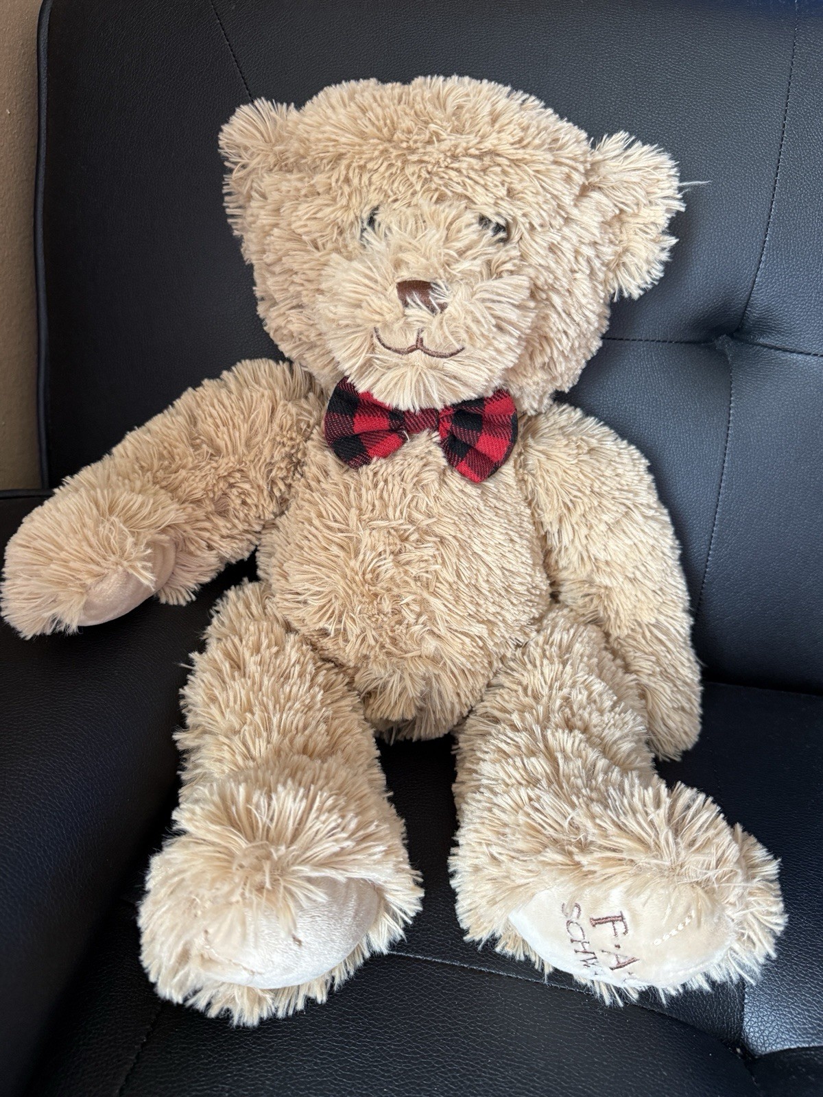 FAO Schwarz Bear Plush 18” Tan w/Red & Black Bowtie