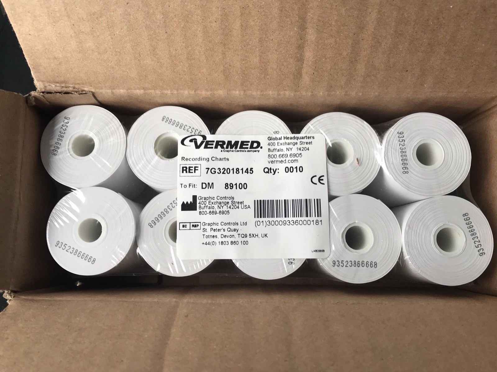VerMed 7G32018145 Thermal EKG Charts 2.250" X 80' Recording Chart NEW BOX OF 10