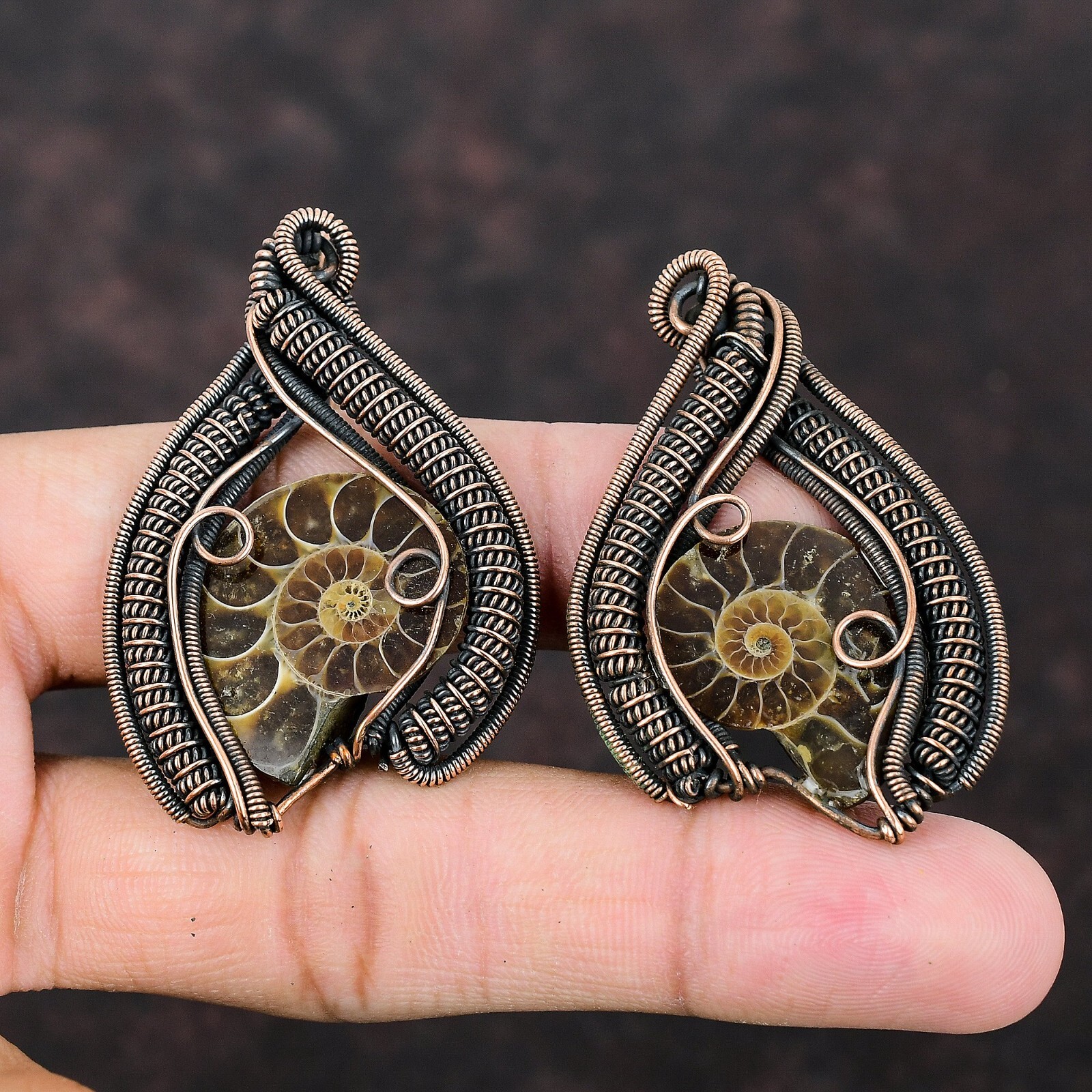 Ammonite Fossil Wire Wrapped Drop/Dangle Earrings Copper Jewelry For Girls 2.28"