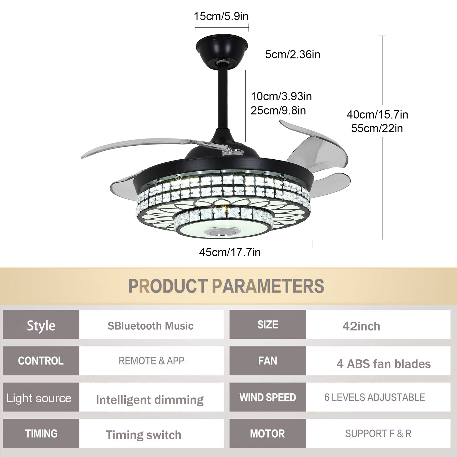 42" Retractable Ceiling Fan w/ Light & Bluetooth Speaker Dimmable LED Chandelier
