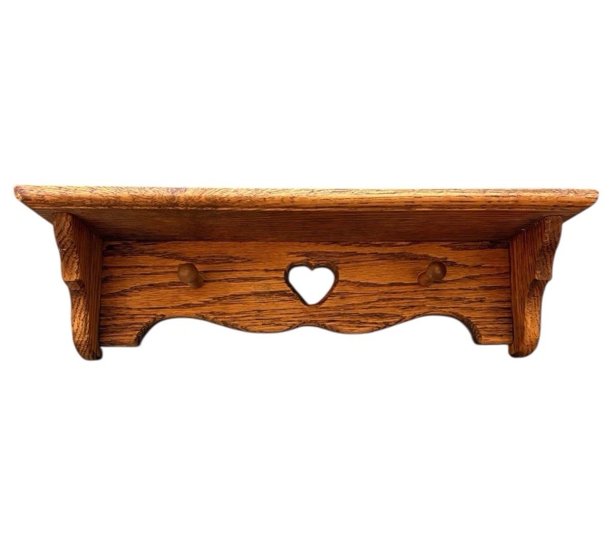Vintage Wooden Wall Shelf With Pegs and Heart Cutout 12.5” Country Cottage Decor