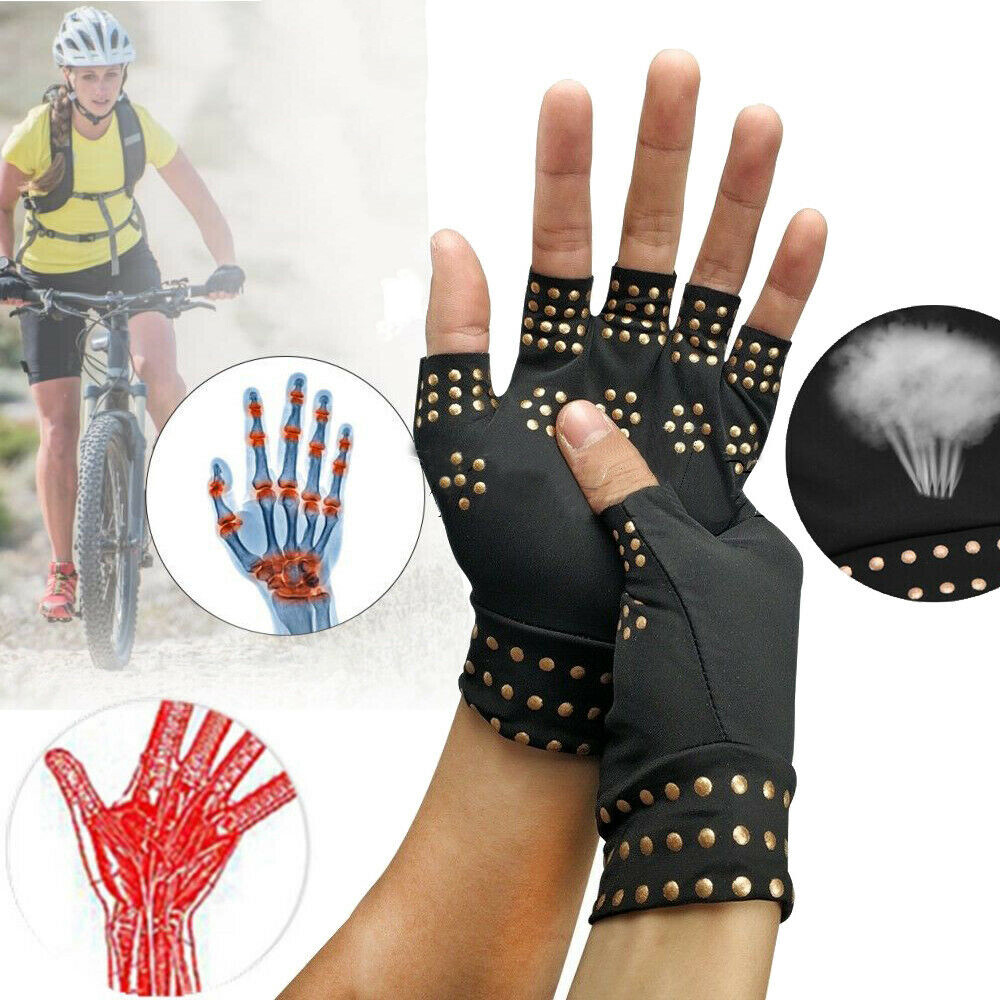 2X Arthritis Pain Relief Gloves Fingerless Copper Compression Wrist Hand Support