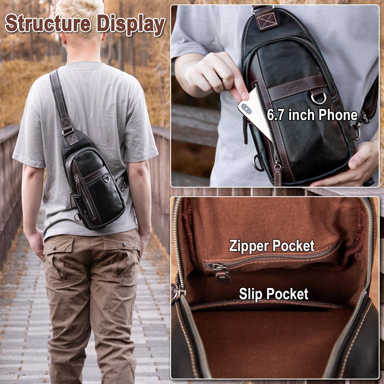 Geniune Leather Sling Bag for Men Women Crossbody Shoulder Bag Sling Backpack...