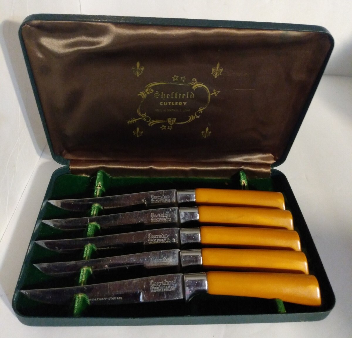Steak Knives ORIGINAL BOX Sheffield England Forever Sharp BAKELITE? 5 -1 MISSING
