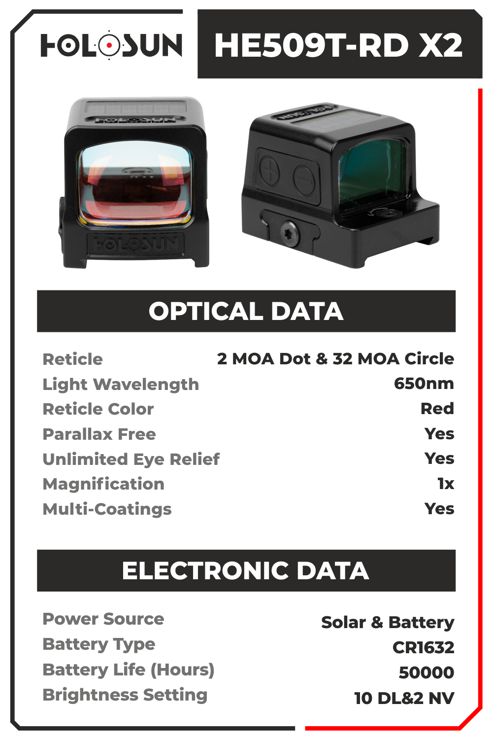Holosun HE509T-RD X2 Enclosed Reflex Optical Multi-Reticle Red Dot Sight