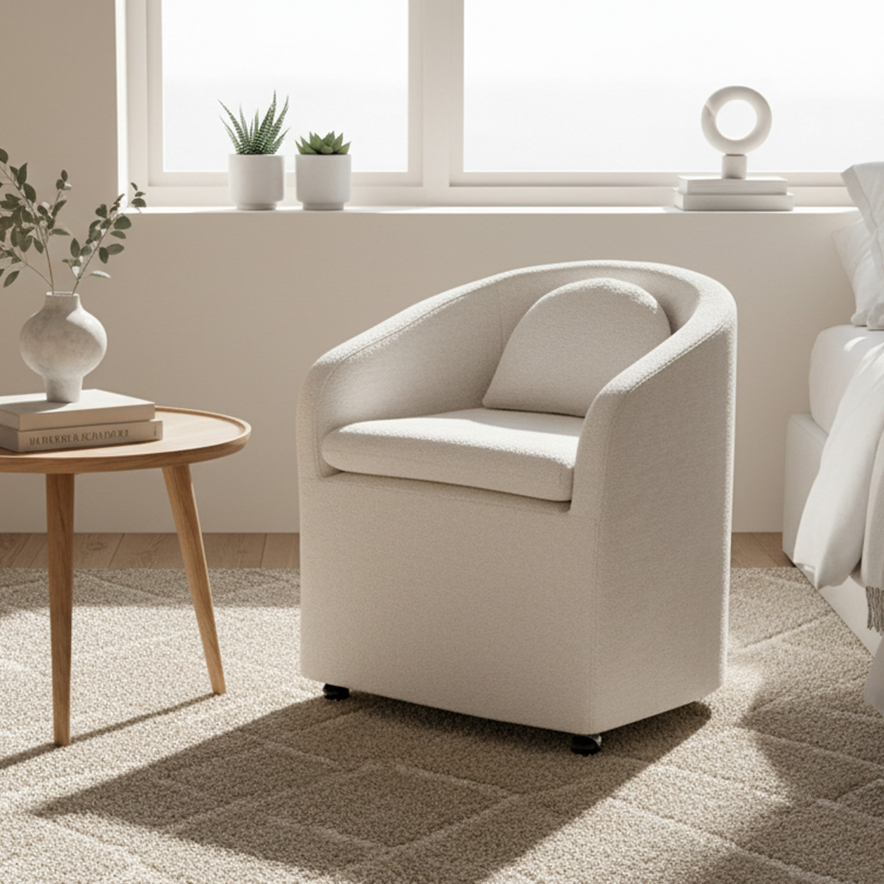 HOMY CASA Badlands Chenille Accent Armchair with Wheels, Beige