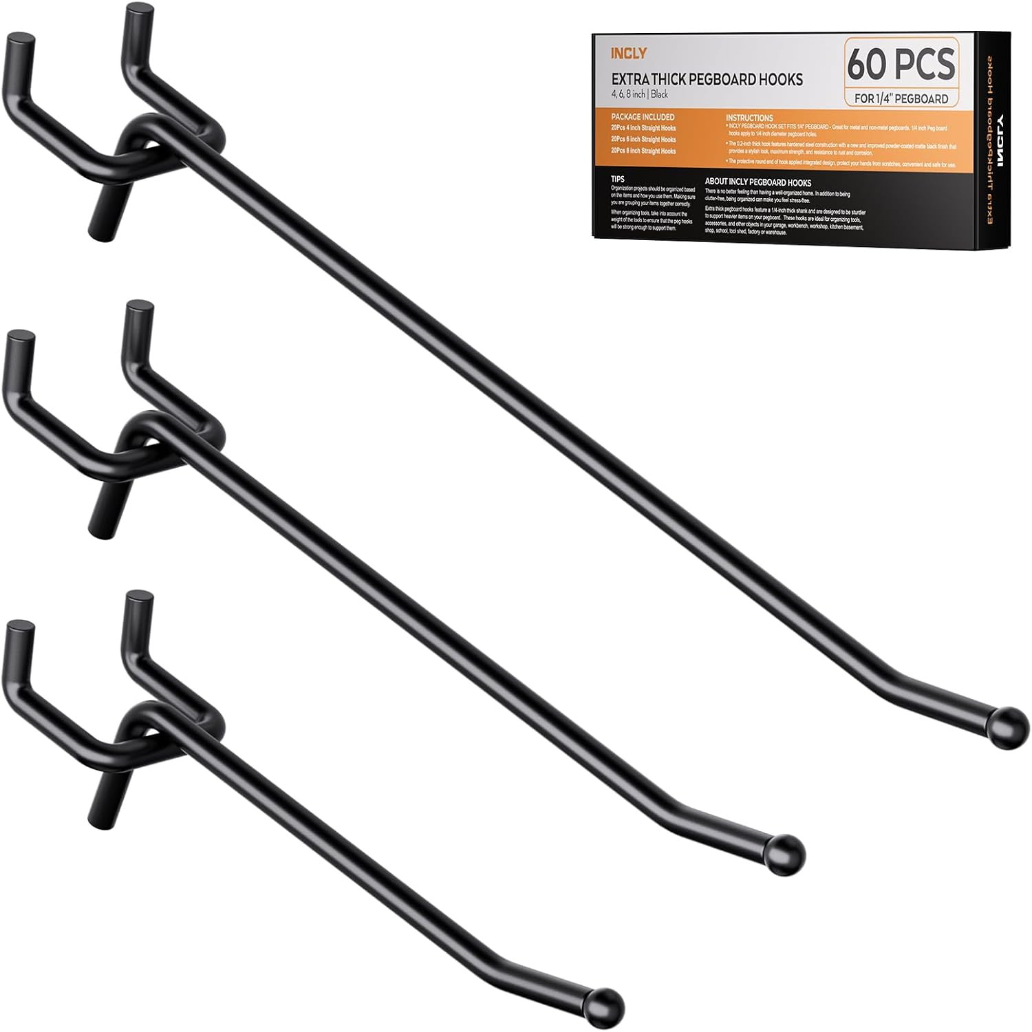 60 Pack 4/6/8 Inch Heavy Duty Pegboard Hooks for Hanging Tools | Black 1/4" Peg