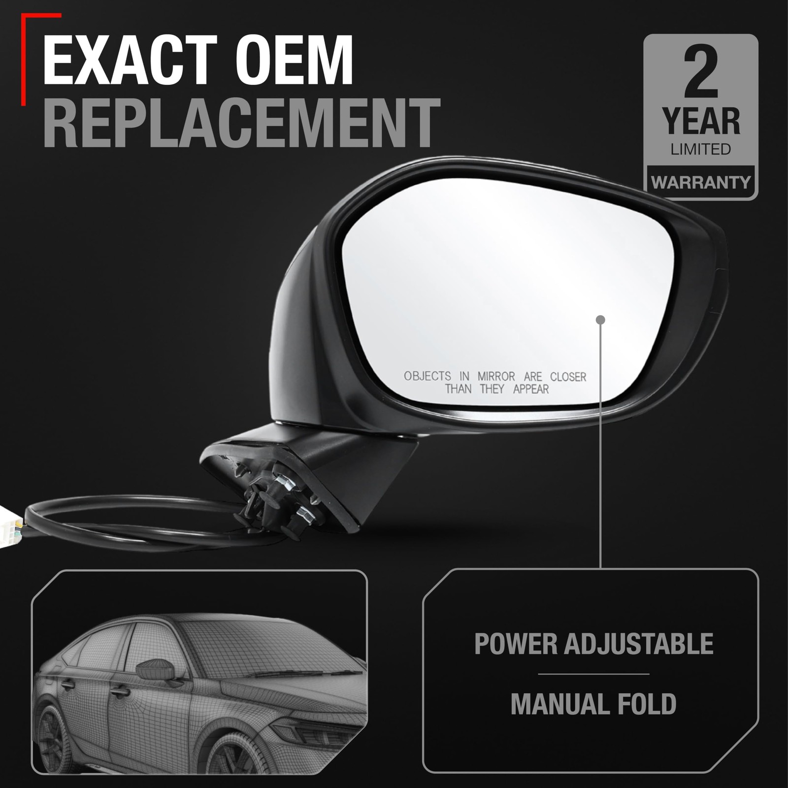 Honda Civic Passenger Side Mirror Replacement - Powered Adjustment, Manual Fo...