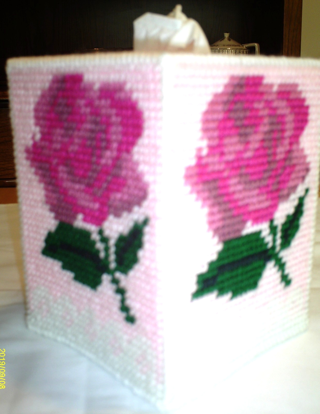 "Mauve & Pink Rose" Tissue Box Cover (Plastic & Yarn) Finished