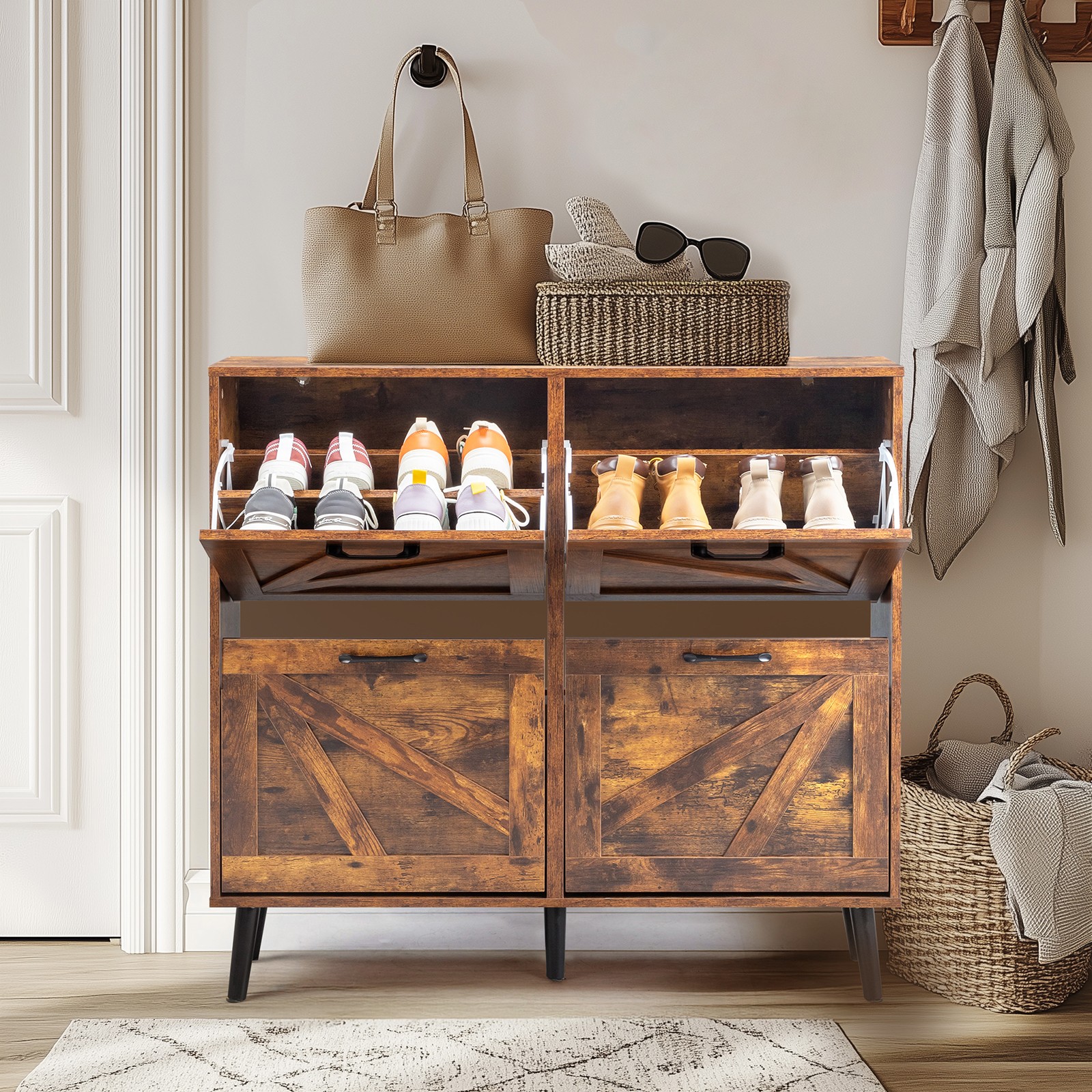 Barn Door Shoe Cabinet, 4 Flip-Down Drawers, Rotten Wood Color, 106x24x98cm