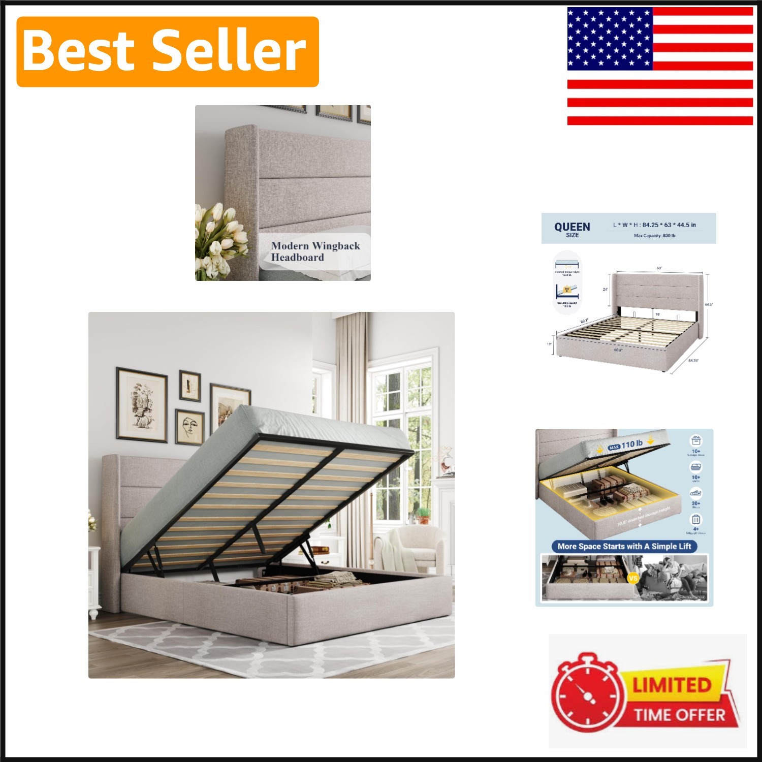 Space-Saving Queen Bed Frame with Hydraulic Lift & No Box Spring Required