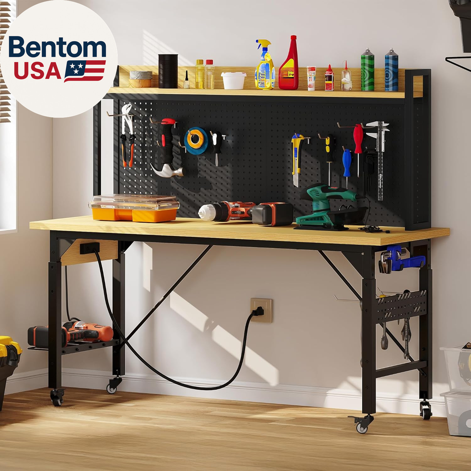 60 Inch Adjustable Workbench Rolling Pegboard Garage Table