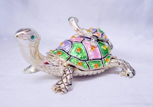 Welforth Fine Pewter Bejeweled Mom and Baby Turtle with Pastel Colors Trinket 3"