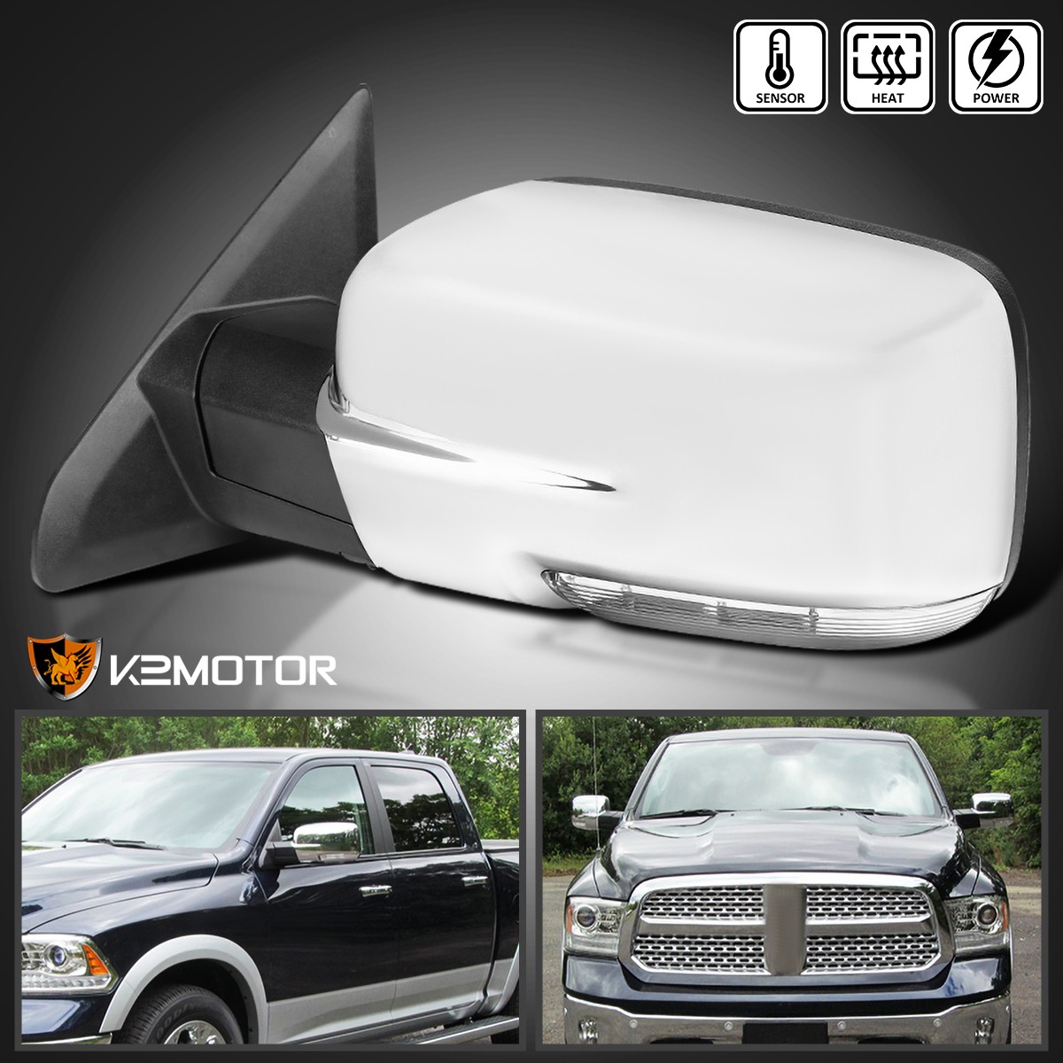 Left Fits 2013-2019 Dodge Ram 1500 Chrome Power Heated+LED Signal Side Mirror