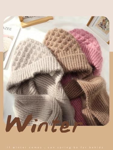 Integrated Ear Protection Windproof Cap Scarf Elastic Knitting Thick Beige