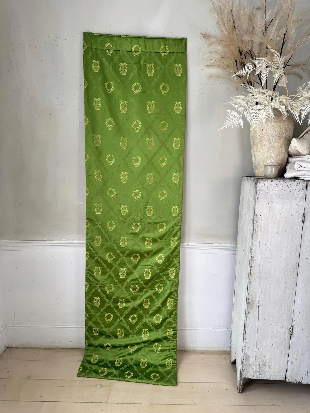 100x24 Vintage Green Silk curtain drape set matching panels musical instruments