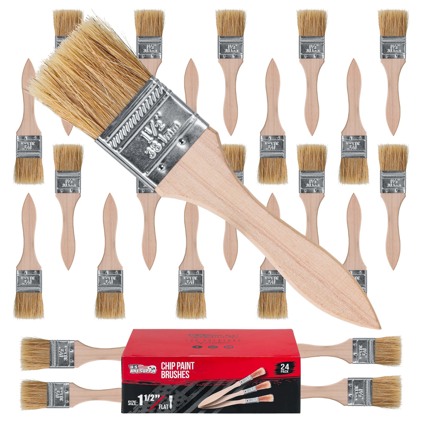 US Art Supply 1-1/2" Inch Chip Brushes Paint Glue Adhesives Touchups Lot of 24