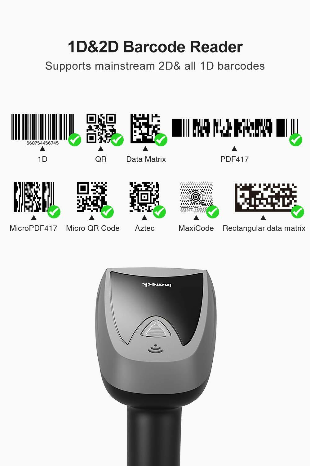 1D 2D Barcode Scanner Wireless Bluetooth QR Code Gun Read Screen Smart Base